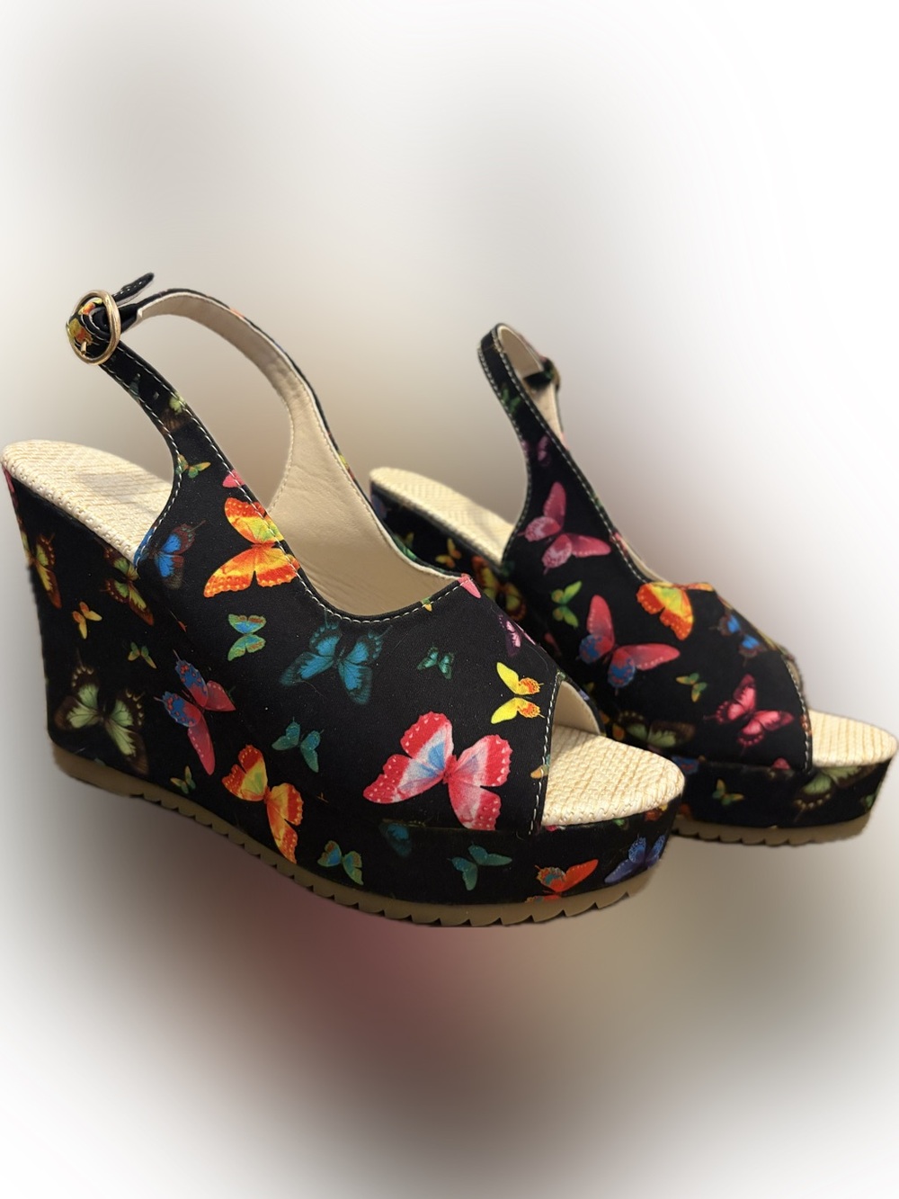 Butterfly Print Black Wedge Sandals with Slingback